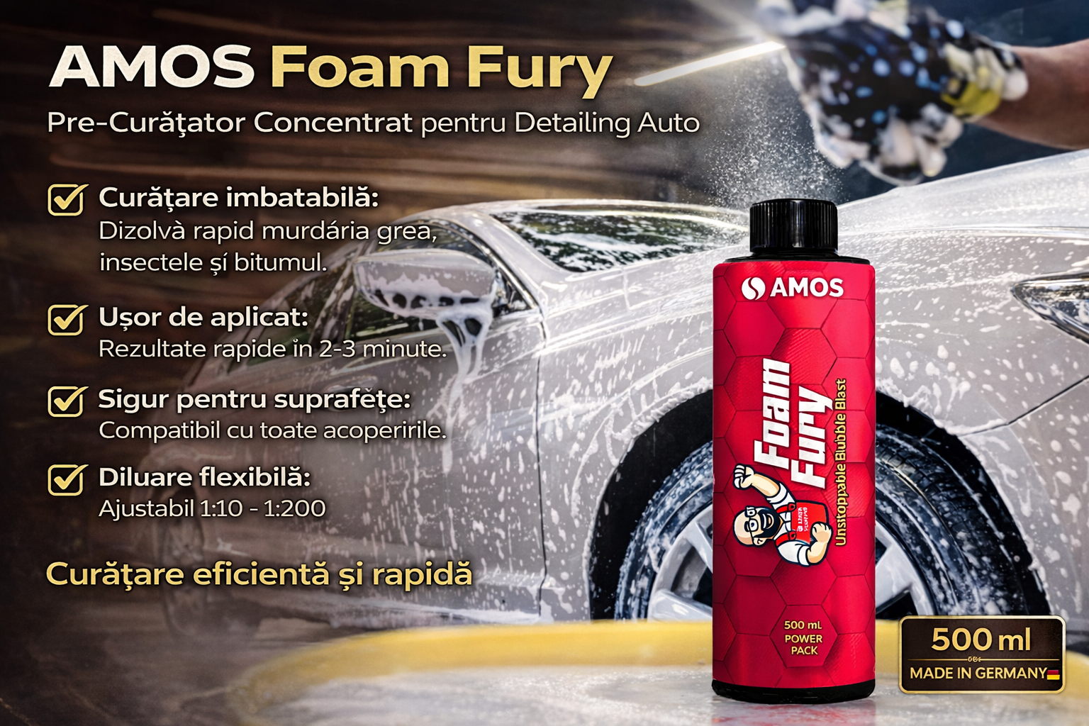 Solutie pre-curatare auto AMOS Foam Fury, degresare intensa, indeparteaza insecte si bitum, diluare 1:10–1:200, cantiate 500 ml